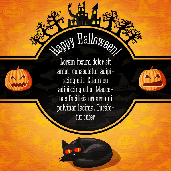 Bannière d'Halloween heureuse avec salutations et exemple de texte. Arbres effrayants, château hanté, chat noir au fond. Contexte - citrouilles, sorcières, araignées, chauves-souris. Vecteur . — Image vectorielle