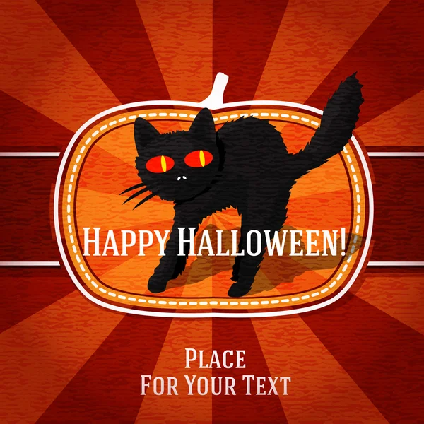 Pompoen vorm retro gestileerde badge, met zwarte eng kat en halloween groet. vector — Stockvector