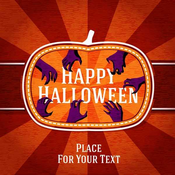 Pumpkin shape retro stylized badge, with creepy hands getting the happy halloween greeting. And place for your text. Vector — Stock Vector