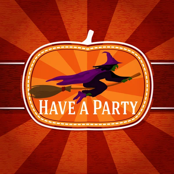 Pumpkin shape retro stylized badge, with black witch on the broomstick and have a party greeting. Vector — Stock vektor