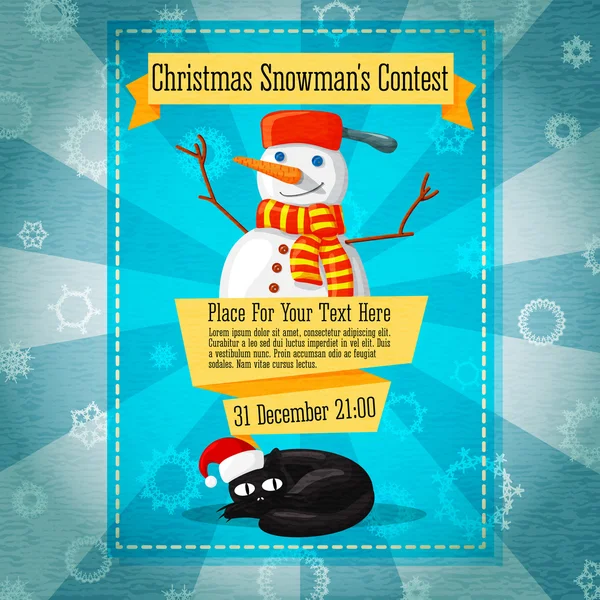 Feliz Navidad lindo concurso retro invitación o banner en la textura de papel artesanal con muñeco de nieve y gato en sombrero de santas — Vector de stock