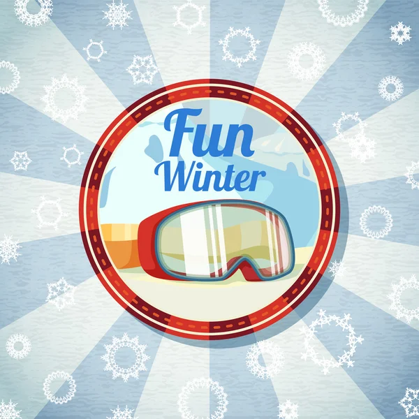 Badge with snowboarders or skiers goggles, -Fun Winter- slogan. Retro stylized background on bright textured paper. Vector — Stock Vector