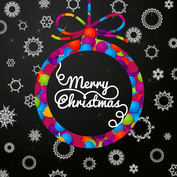 Merry Christmas handgeschreven swirl belettering wenskaart op zwart papier met sneeuwvlokken, en Kerstmis bal. — Stockvector