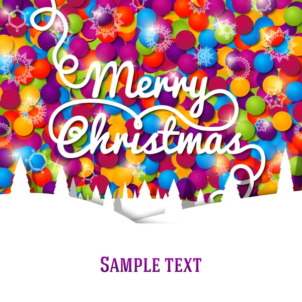 Merry Christmas greeting card with swirl lettering on the bright background made from colorful laces. — Stock Vector