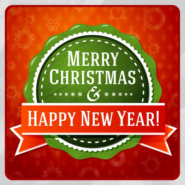 Vintage stilisierte grüne frohe Weihnachten und ein glückliches neues Jahr Etikett, rotes Band. heller Hintergrund mit Schneeflocken. Vektor. — Stockvektor