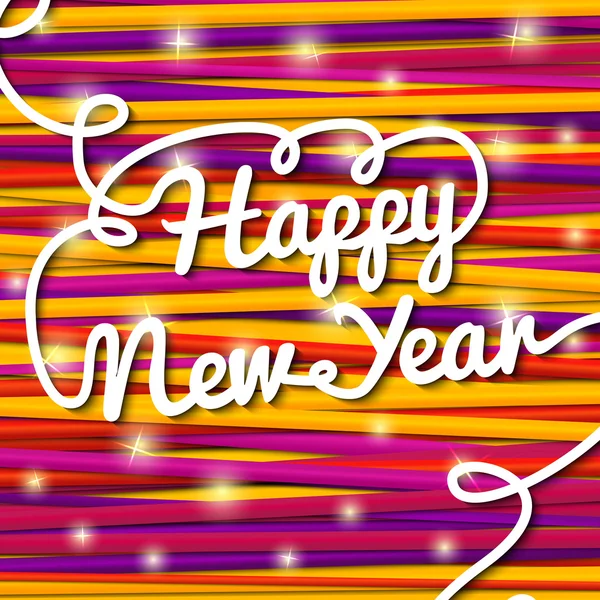 Happy New Year handwritten white swirl lettering on greeting card made from bundle of bright laces, paper with snowflakes. — Stock Vector