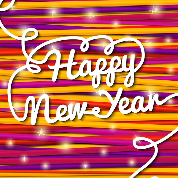 Happy New Year handgeschreven witte swirl letters op wenskaart gemaakt van bundel van heldere veters, papier met sneeuwvlokken. — Stockvector