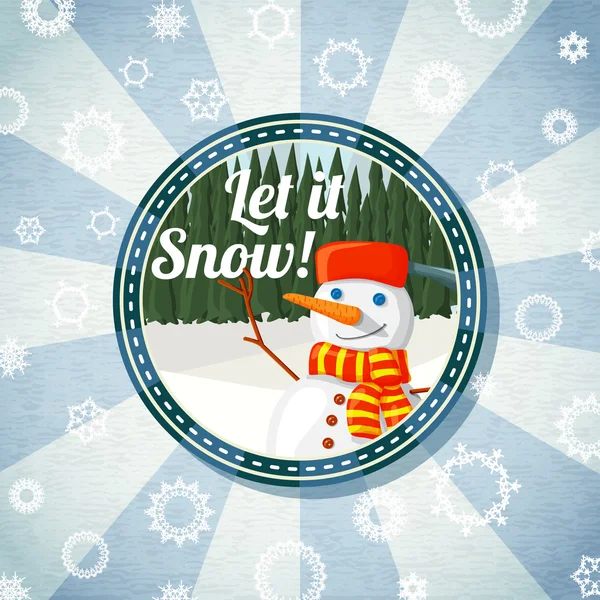 Abzeichen mit niedlichem Schneemann und Kiefernwald, -lass es schneien - Wünsche. Retro stilisierter Hintergrund auf hell strukturiertem Papier. Vektor — Stockvektor