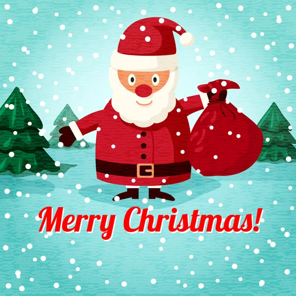 Merry Christmas gratulationskort - jultomten stående på det snöiga landskapet med säck med julklappar. Vektor. — Stock vektor