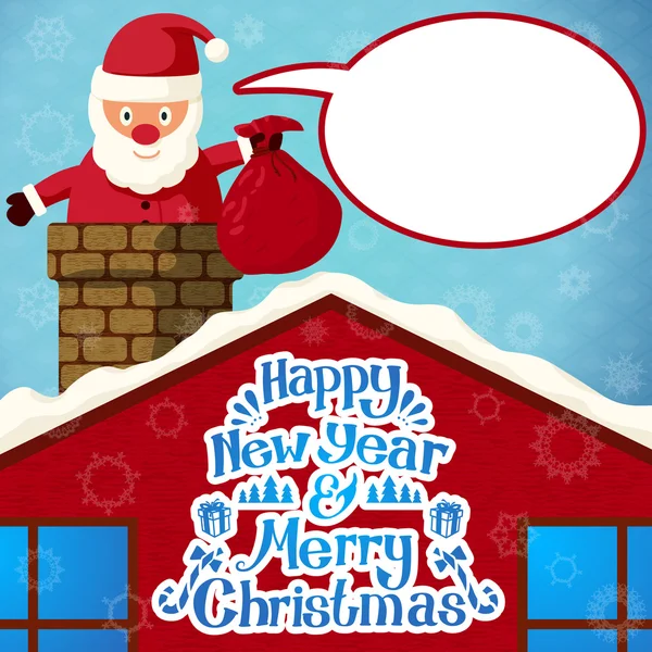 Feliz Natal Papai Noel escalando na chaminé segurando saco de presentes e com bolha de fala. Vetor . — Vetor de Stock