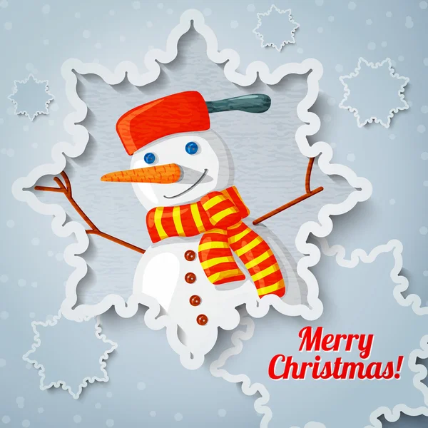 Merry christmas and new year greeting card with snowman in scarf. — Stock Vector