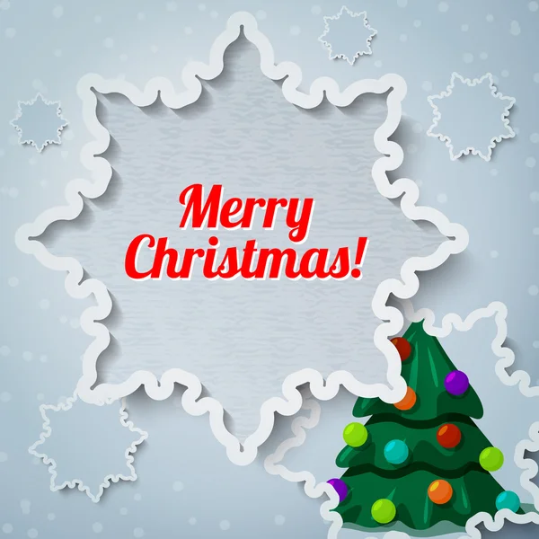 Veselé Vánoce a nový rok přání - papíru vystřihnout vločka, s vánočními borovice — Stockový vektor