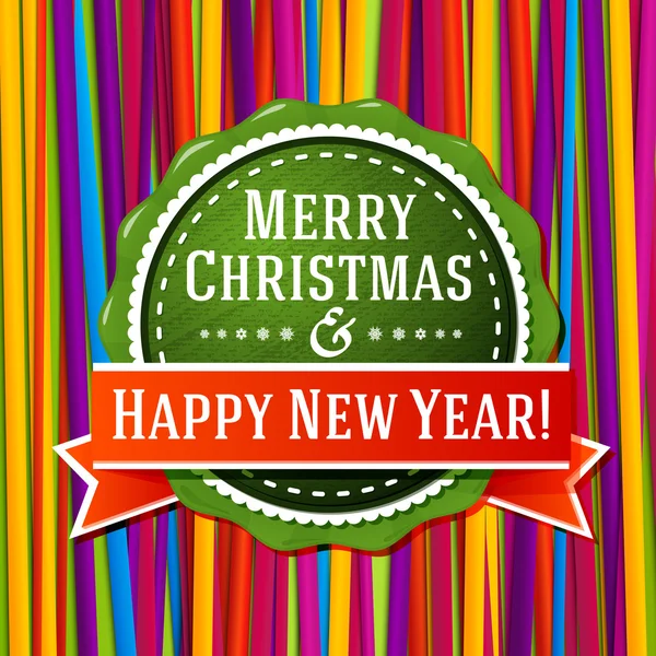 Винтажный стилизованный зеленый лейбл Merry Christmas, с текстурой, лентой, xmas tree. На ярких красочных шнурках. Вектор . — стоковый вектор