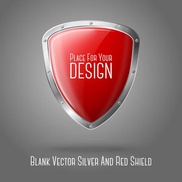 Escudo brillante realista rojo en blanco con borde plateado aislado sobre fondo gris — Vector de stock