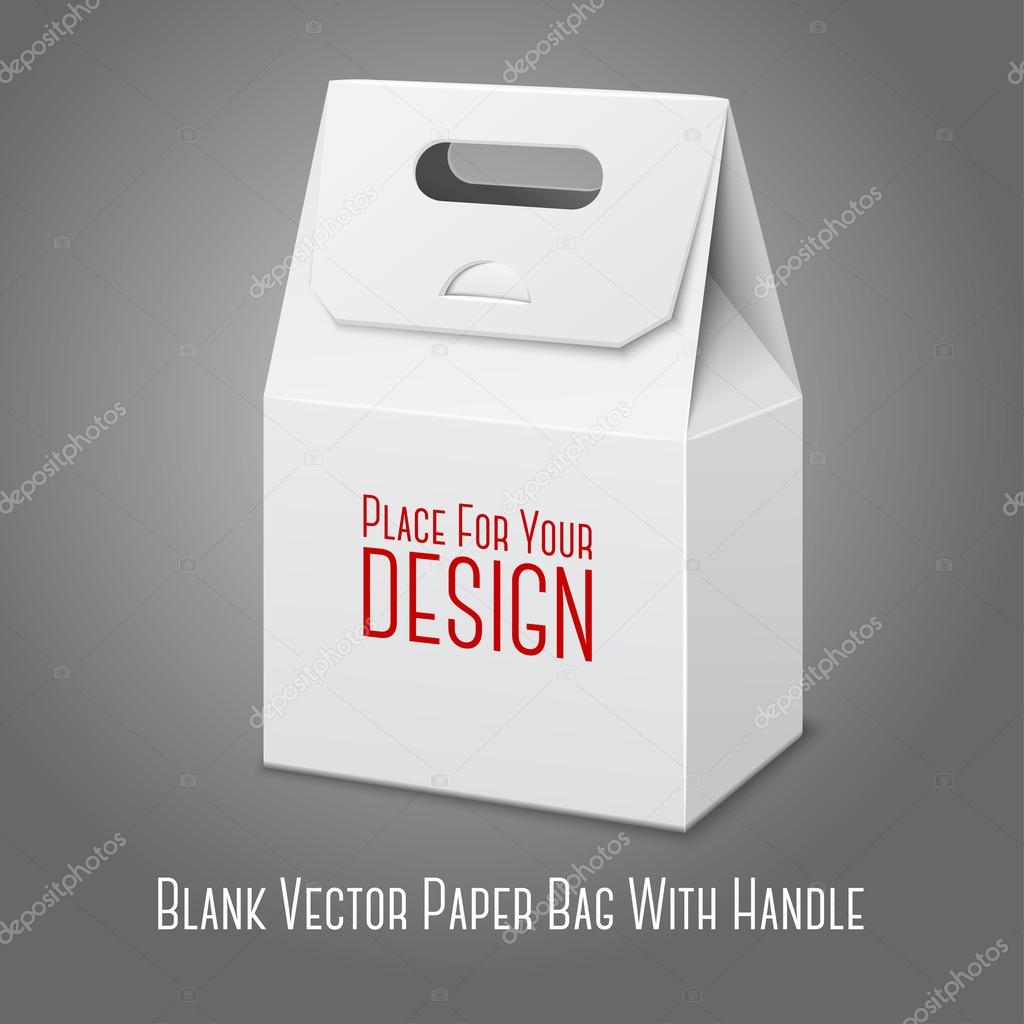 Blank white paper packaging bag with handle. Vector