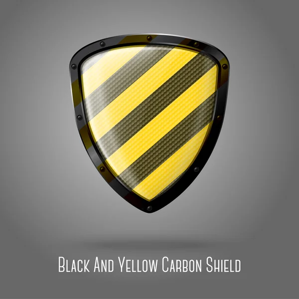 Blank yellow and black caution realistic glossy shield with carbon texture. — Stock Vector