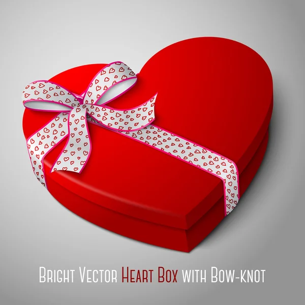 Caja de forma de corazón rojo brillante en blanco realista vectorial con cinta rosa y blanca. Para su día de San Valentín o amor presenta diseño . — Archivo Imágenes Vectoriales
