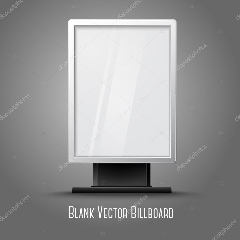 Blank white vertical billboard with place for your design and branding under the glass, isolated on grey background. Vector