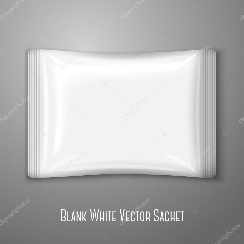 Blank white flat plastic sachet isolated on grey background with place for your design and branding. Vector