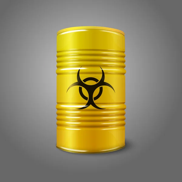 Realistic bright yellow big barrel with bio hazard sign, isolated on grey background. With place for your signs, design etc. — Stock Vector