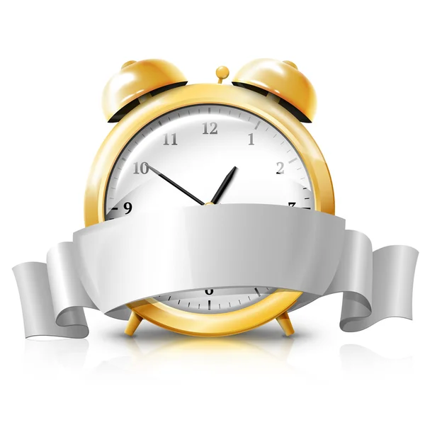 Reloj despertador dorado con banner blanco plateado - Tiempo de venta-. Vector — Archivo Imágenes Vectoriales