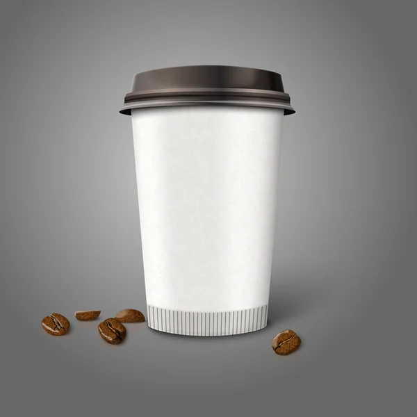 Tazza di caffè in carta vettoriale realistica vuota con fagioli, isolata su sfondo grigio . — Vettoriale Stock