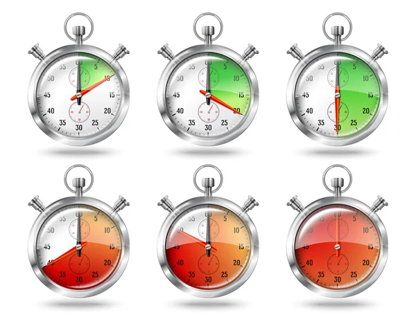 Set di intervalli di orologio cronometro luminoso argento, isolato su sfondo bianco. Vettore — Vettoriale Stock