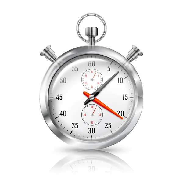 Silver bright stopwatch clock with reflection, isolated on white background. Vector — Stock Vector