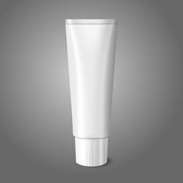 Tubo realista blanco en blanco para pasta de dientes, loción, cosméticos, crema medicinal, etc. aislado sobre fondo gris. Vector — Vector de stock