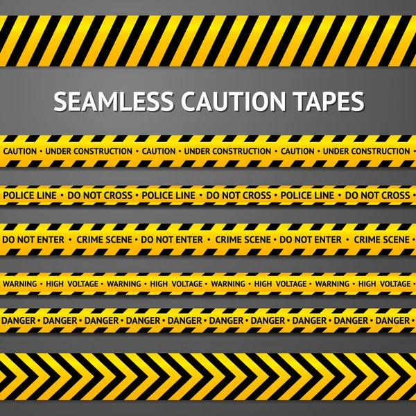 Set of black and yellow seamless caution tapes with different signs. Police line, crime scene, high voltage, do not cross, under construction etc. — Stock Illustration Set of black and yellow seamless caution tapes with different signs. Police line, crime scene, high voltage, do not cross, under construction etc. Royalty Free Stock Vectors