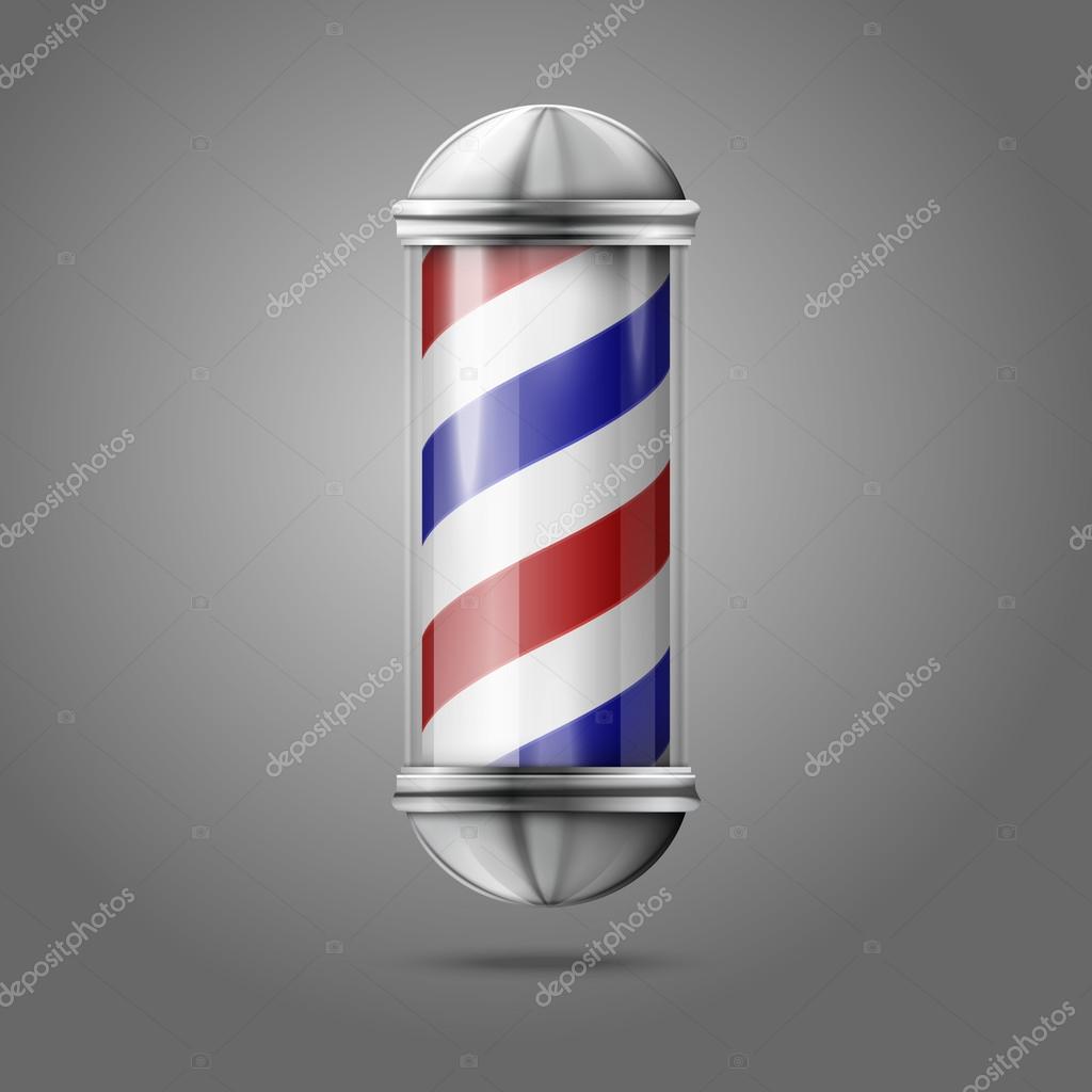 Realistic vector - old fashioned vintage silver and glass barber shop pole with red, blue and white stripes. Isolated on grey background, for design and branding. Vector illustration