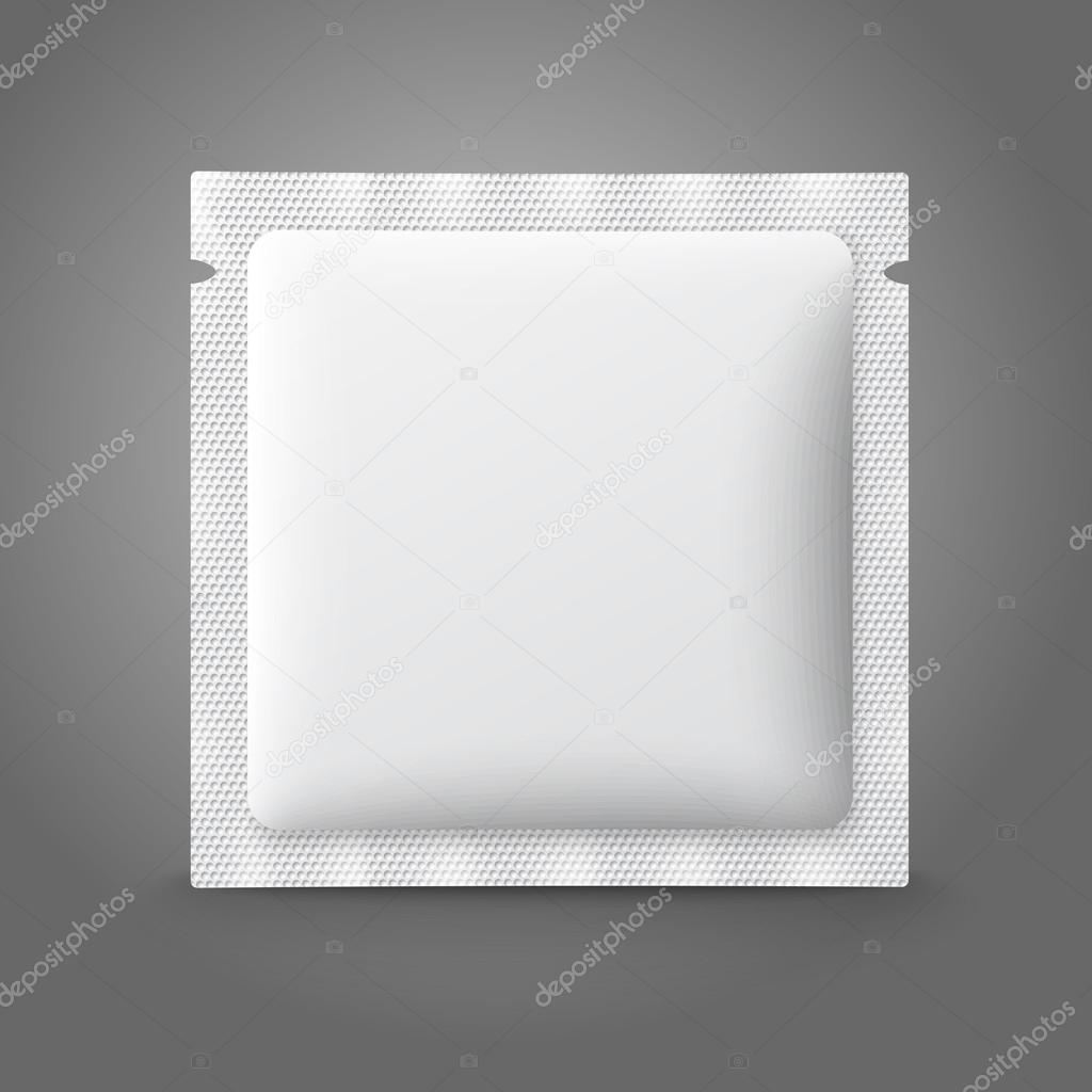 Blank white plastic sachet for medicine, condoms, drugs, coffee, sugar, salt, spices. Vector