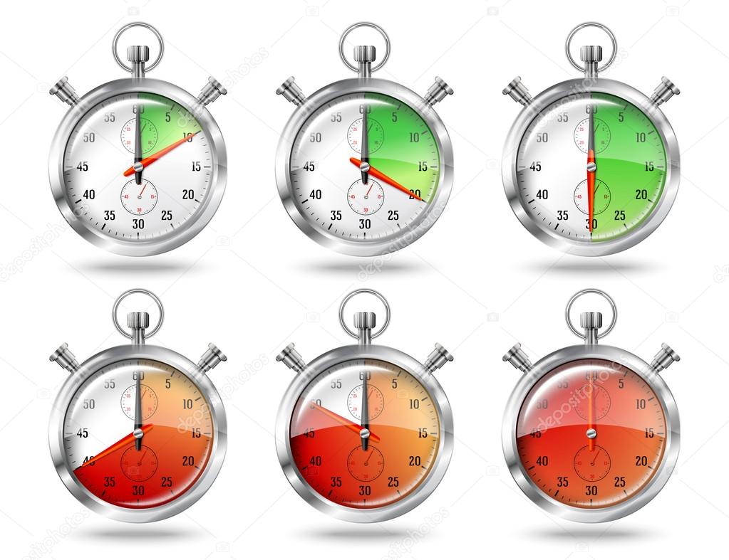 Set of silver bright stopwatch clock intervals, isolated on white background. Vector