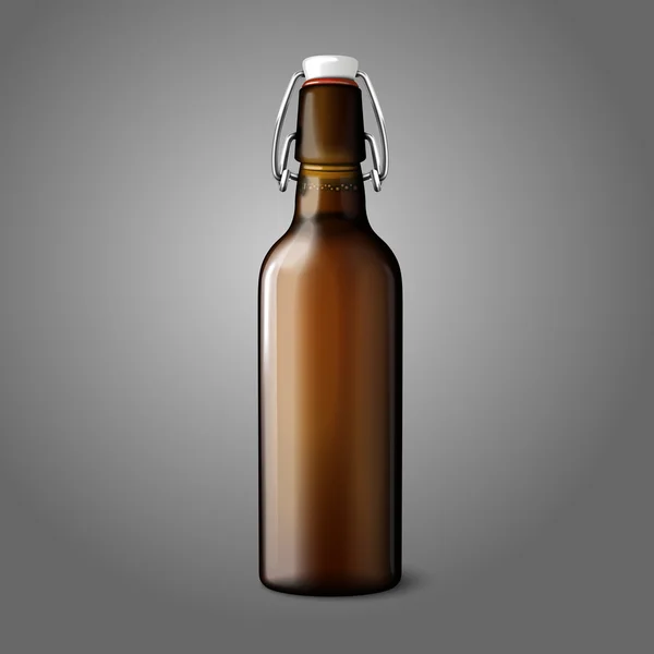Botella de cerveza retro realista marrón en blanco aislada sobre fondo gris con lugar para su diseño y marca. Vector — Archivo Imágenes Vectoriales