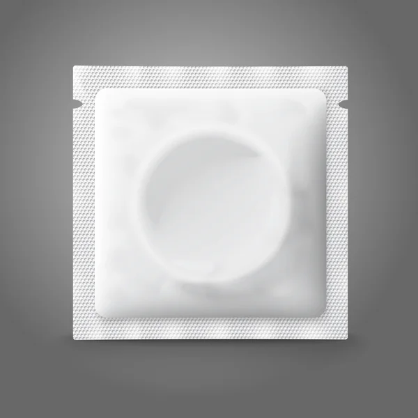 빈 흰색 플라스틱 콘돔 팩, 디자인에 대 한 장소를 가진 회색 배경에 고립 및 브랜딩. 벡터 — 스톡 벡터