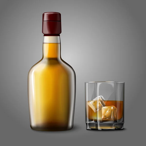 Blank realistic bottle with glass of whiskey and ice, isolated. — Stock Vector