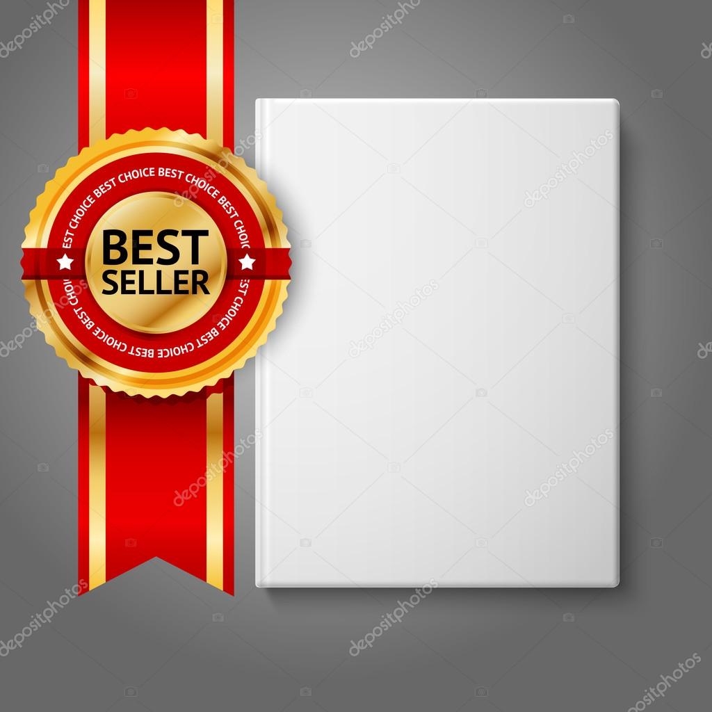 Realistic white blank hardcover book, front view with golden and red best seller label