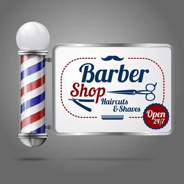 Realistic vector - old fashioned vintage silver and glass barber shop pole with Barber Sign. — Stock Vector