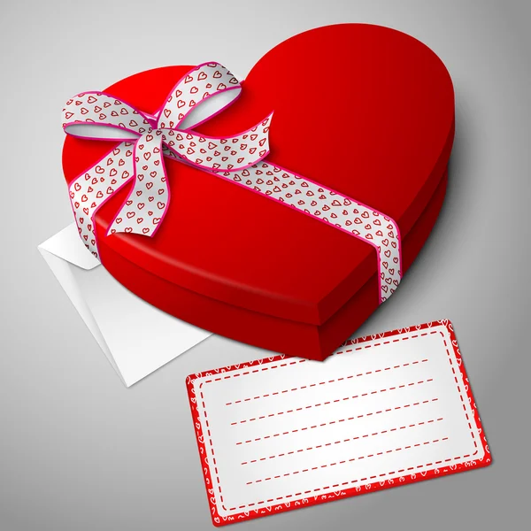 Vector realistic blank bright red heart shape box, with envelope and message card for your text. — Stock Vector