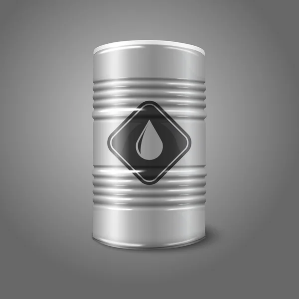 Vector realistic big oil barrel with sign, isolated on gray background. — Stock Vector