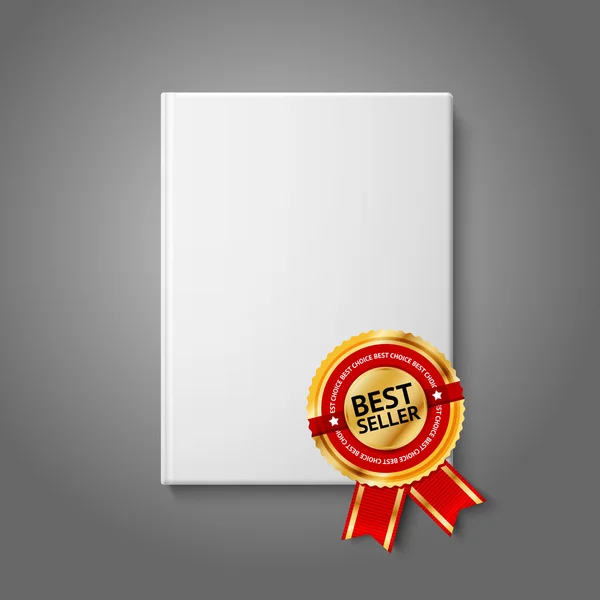 Realistic white blank hardcover book, front view with golden and red best seller label. Vector — Stock Vector