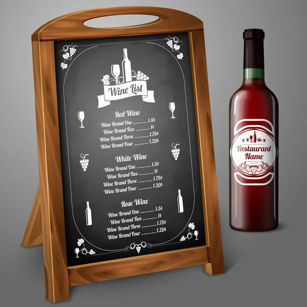 La plantilla del menú en la pizarra - para el alcohol con la botella realista de vino tinto, y la etiqueta. Vector — Vector de stock