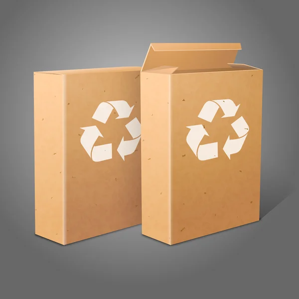 Zwei realistische Bastelpapier-Rohlinge für Cornflakes, Müsli, Müsli usw. isoliert auf grauem Hintergrund mit Recyclingschild. Vektor — Stockvektor