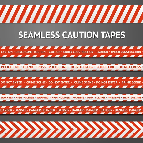 Set of red and white seamless caution tapes with different signs. Police line, crime scene, high voltage, do not cross, under construction etc. — Stock Illustration Set of red and white seamless caution tapes with different signs. Police line, crime scene, high voltage, do not cross, under construction etc. Stock Vector
