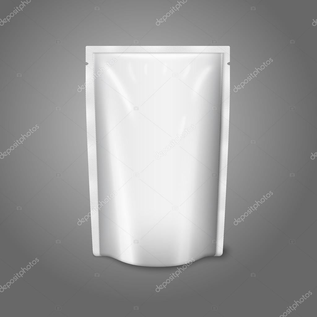 Blank white realistic plastic pouch isolated on grey background with place for your design and branding. Vector