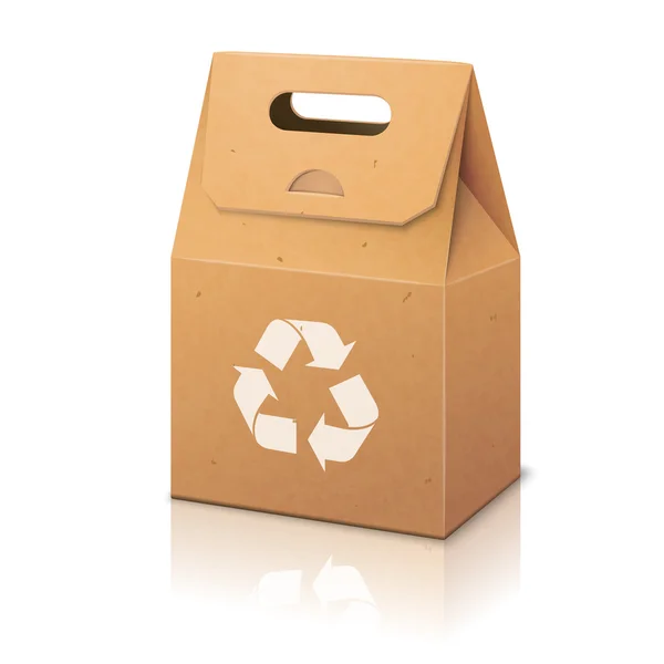 Saco de embalagem de artesanato ecológico de papel branco em branco com sinal de reciclagem e alça —  Vetores de Stock