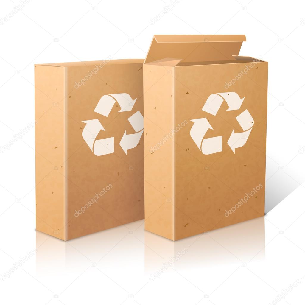 Two realistic white blank paper ecologic craft packages with recycle sign