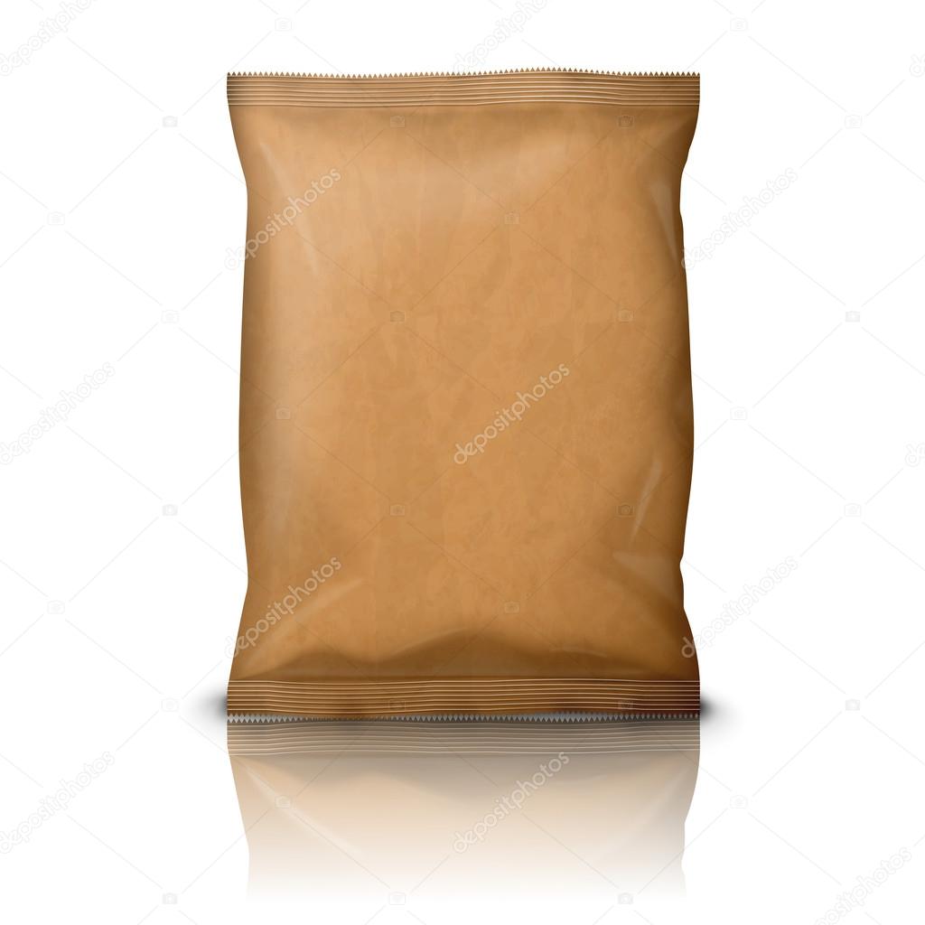 Blank realistic craft paper snack pack isolated on white background with reflection, and place for your design and branding. Vector illustration