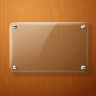 Vector glass plate for your signs, on wooden background. clipart