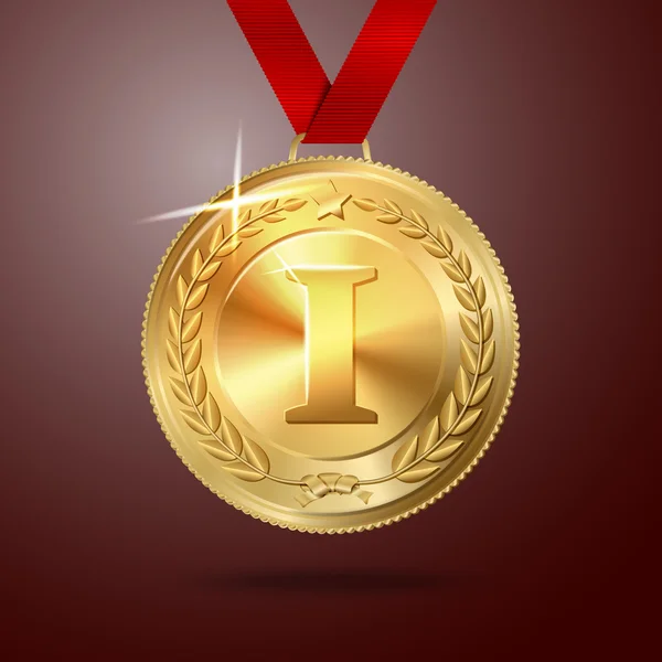 Vetor Medalha de primeiro lugar dourada com fita vermelha . —  Vetores de Stock